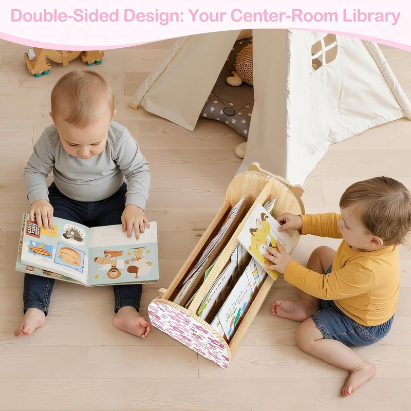 SheSeek Toddler Bookshelf Double-Sided with 4 Tier Deep Sleeves Kids Wooden Montessori Book Rack for Baby Nursery Room, Playroom, Classroom or Bedroom Bookcase Storage Organizer, Pink Flowers - Image 3